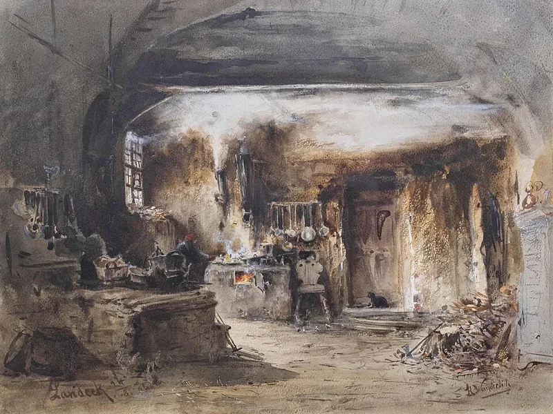 1839-Hermann Wunderlich - Vecchia cucina a volta con camino a Landeck